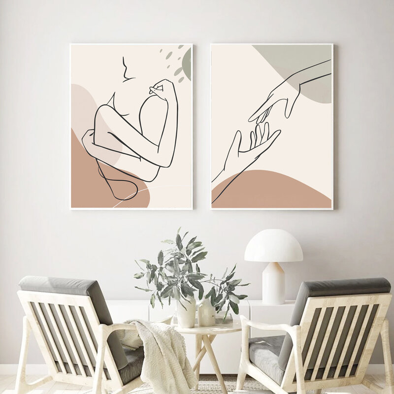 Affiche d'amour de mariage avec ligne abstraite, feuille de Boho minimaliste, images d'art murales, décor nordique de chambre à coucher et de salon, peinture sur toile imprimée