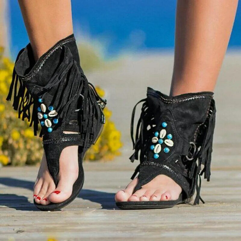 รองเท้าบูทสุดเท่สำหรับผู้หญิง, ใหม่ฤดูร้อน2024รองเท้าบูทสุดเท่แบบหนีบส้นแบนพู่สีพื้นประดับลูกปัดน้ำหนักเบา