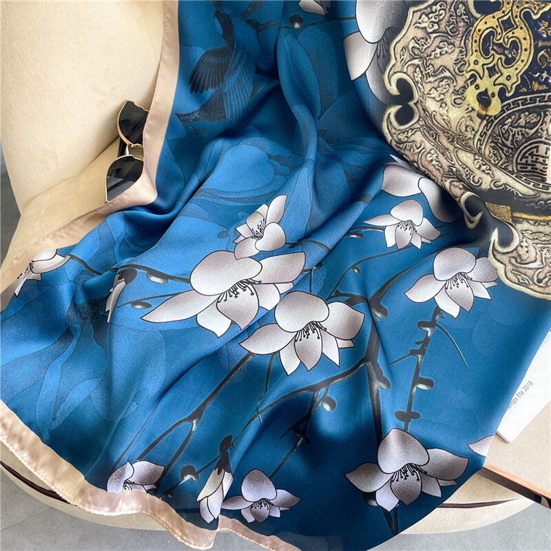 Bufanda cuadrada con estampado de flores para mujer, pañuelo con estampado de flores, decoración, tocado, regalo, chal de alta calidad, 110