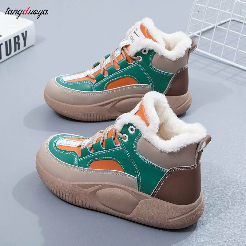 green Winter Boots Women Ankle Boots Warm PU Plush Winter Woman Shoes Sneakers Flats Lace Up Ladies Shoes Women Short Snow Boots