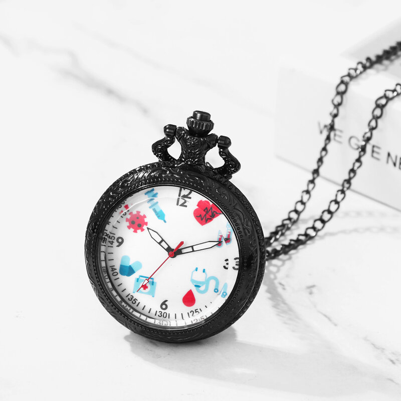 LANCARDO-Reloj de trabajo médico de cuarzo analógico, pulsera de bolsillo transparente con patrón médico a escala, collar, cadena de suéter, Unisex, color negro