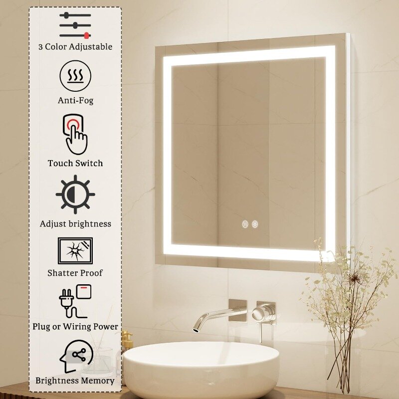 Espelho de vaidade do banheiro LED quadrado, espelho de maquiagem regulável, interruptor anti-fog touch, frontal e retroiluminado, luz de 3 cores, 32 em X 32 em
