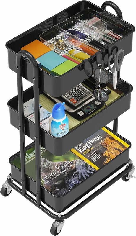 Heavy Duty 3-Tier Metal Utility Rolling Cart, Black