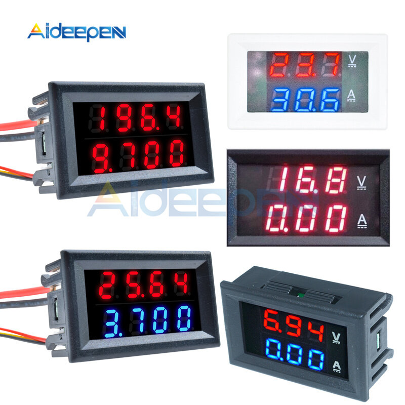 Mini voltímetro digital com duplo display led, amperímetro, tensão, corrente, medidor, testador, azul, vermelho, 4 bits, 5 fios, DC 100V, 200V, 10A, 50A, 0,28 em