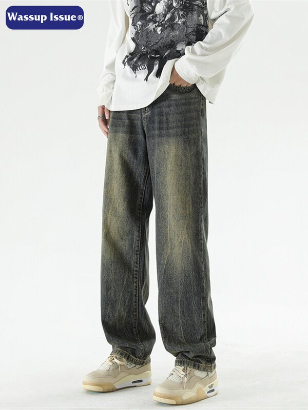 WASSUP ISSUE-Pantalon en denim américain HigH Street pour homme, pantalon long à jambe large, droit et décontracté, printemps et automne
