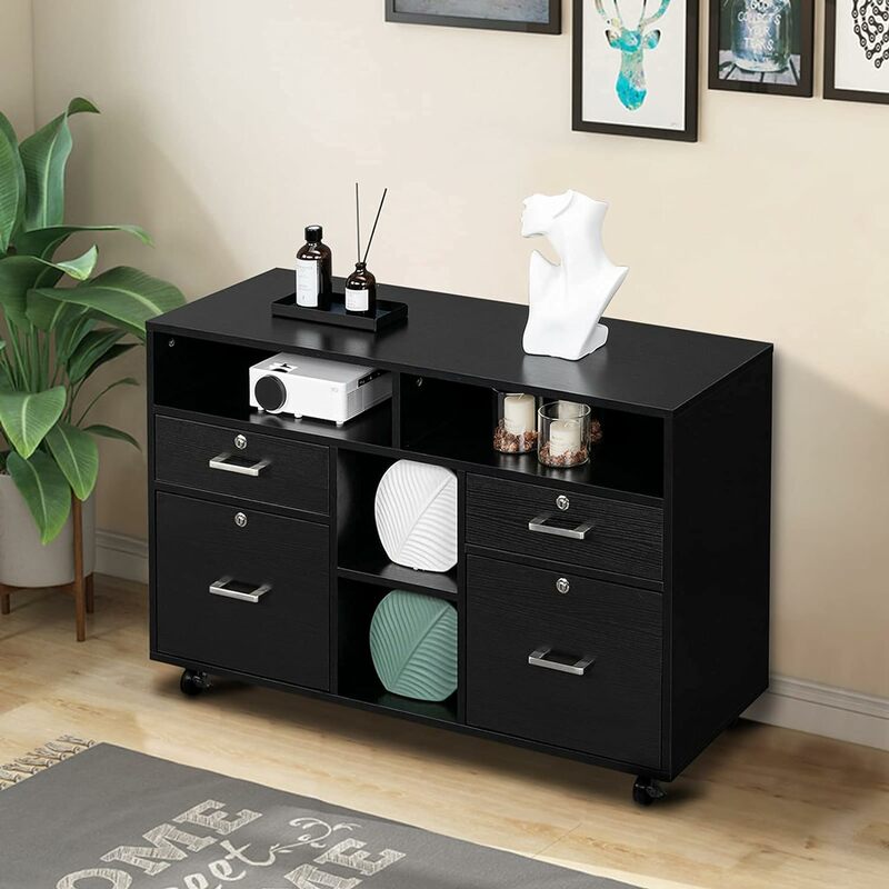 Armoire à fichiers mobile en bois avec 4 étagères de proximité, support d'imprimante et rangement ouvert, armoire latérale verrouillable pour le bureau à domicile