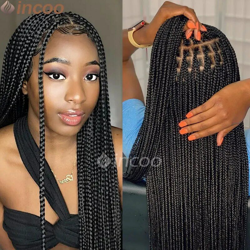 Full Lace Synthetic Braided Wigs Cornrow 36" Transparent Lace Square Knotless Box Braided Wig With Baby Hair For Black Women