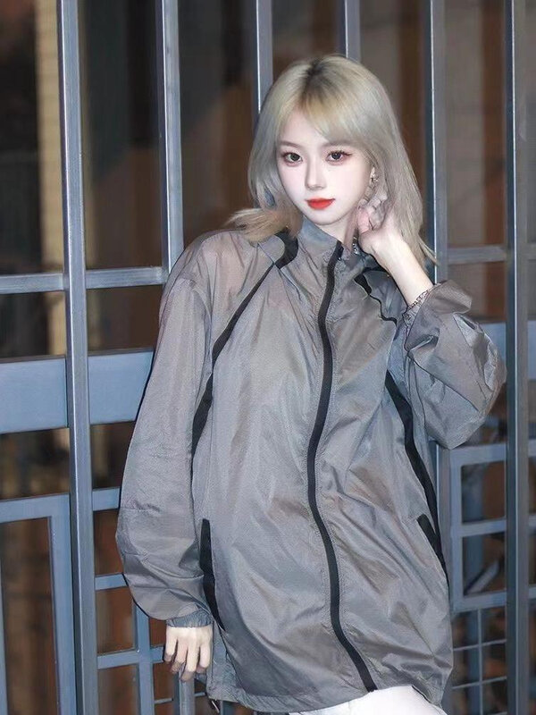 Deeptown japoński styl 2000s Y2k szaro kurtka damska wiatrówka Oversize hipisowska odzież uliczna kurtki outdoorowe wodoodporny krem przeciwsłoneczny