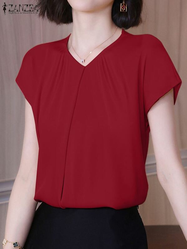 Повседневная женская летняя блузка ZANZEA OL с V-образным вырезом и коротким рукавом, атласная рубашка 2024, модные однотонные женские блузы, топы, туника, оверсайз