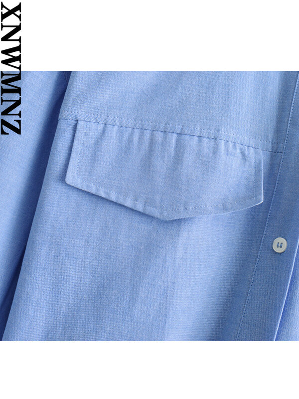 XNWMNZ 2024 Женская модная Укороченная рубашка из ткани Оксфорд женская уличная рубашка с отворотом и длинным рукавом карманом Женская шикарная рубашка