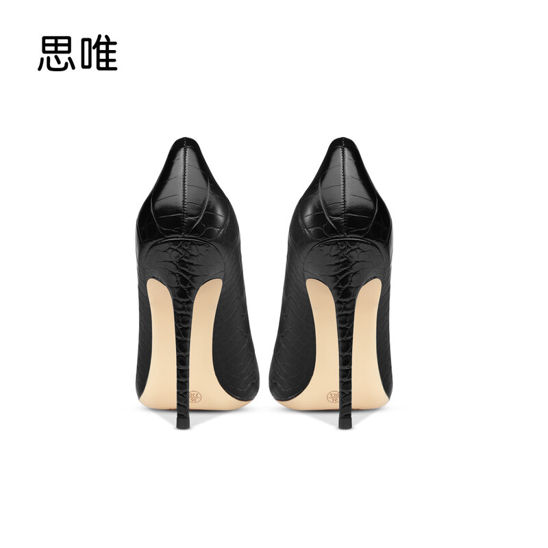 정품 가죽 블랙 악어 패턴 신발 여성용, 2021 하이힐 신발, 뾰족한 발가락, 편안하고 우아한 오피스 펌프스 신발