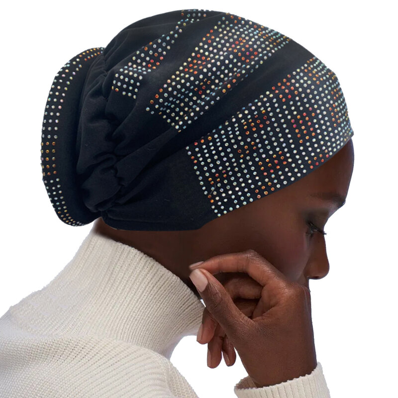 Stretchy Muslim Under Hijab Bonnet Diamonds Women's Turban Cap with Padded Female Underscarf Hat African Head Wraps