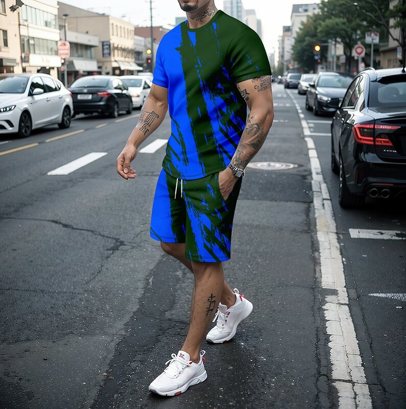 Set estivo a maniche corte t-shirt stampata patchwork 3D da uomo + pantaloncini in due pezzi street outfit abbigliamento sportivo e casual da basket