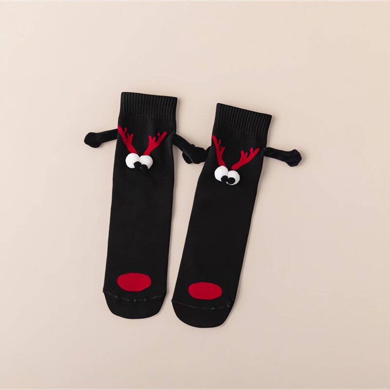 2023 Cute Christmas Magnetic Socks For Women Men Couple Funny Creative Cartoon Eyes Hand In Hand Mid Tube Casual Cotton Sockings