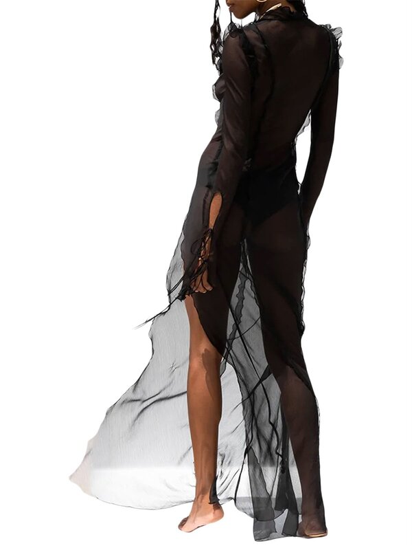 Y2k Gaun Panjang Tembus Pandang Jaring Tipis Seksi Wanita Gaun Bodycon Lengan Panjang Gaun Belah Sisi Depan Dasi Leher V