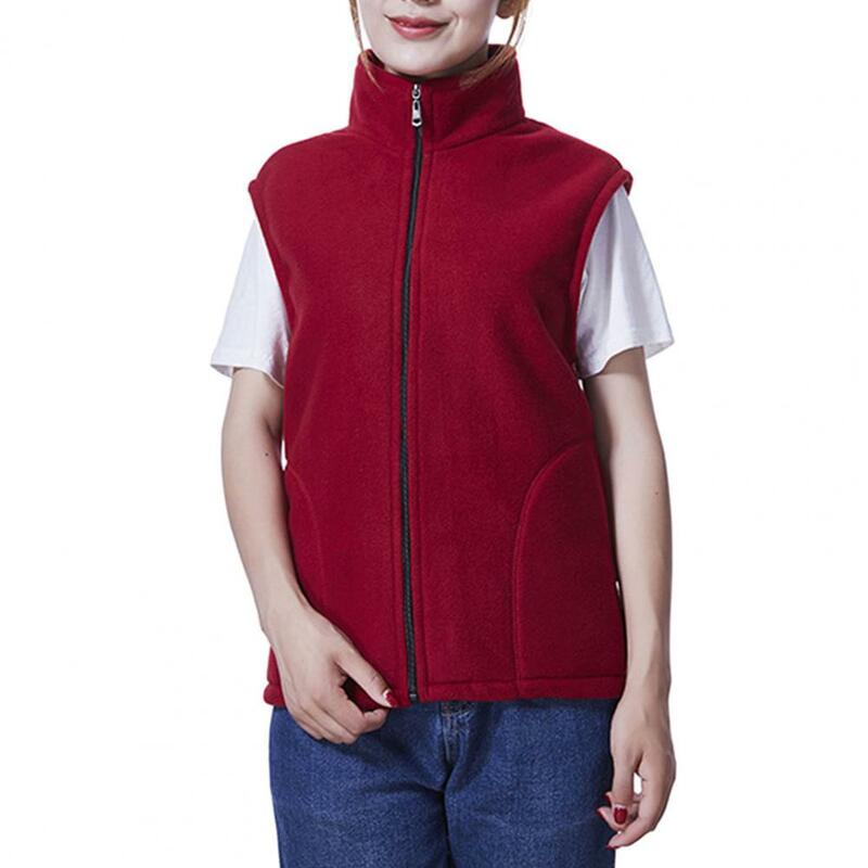 Fall Women Vest Pure Color Stand Collar Neck Protection Mid-aged Mother Waistcoat Thick Plush Zipper Closure Pockets Vest Coat