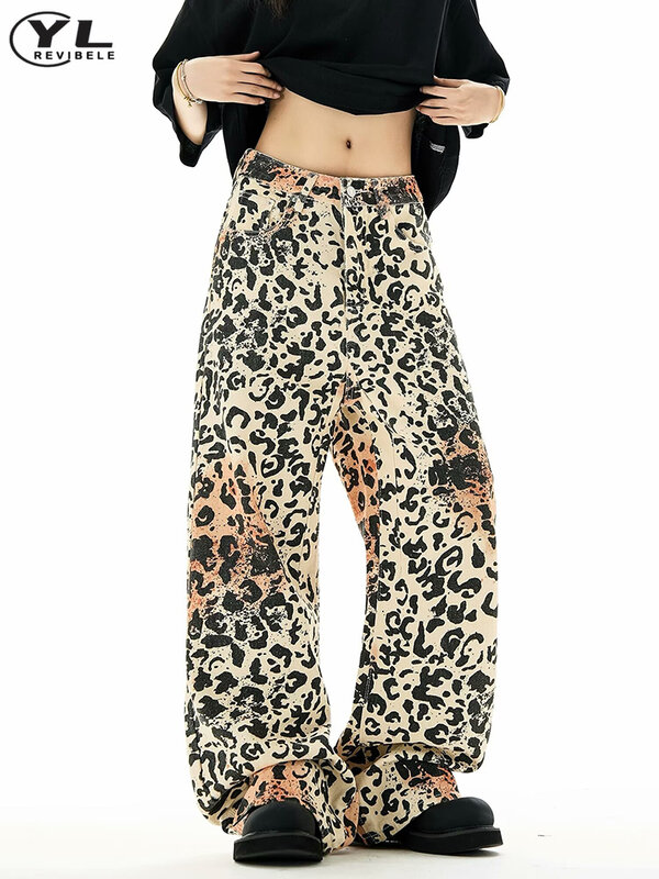 American Street Tie-dye Leopard Print Jeans Men Women Spring Autumn Baggy Trousers Hip Hop Washed Straight Wide Leg Denim Pants