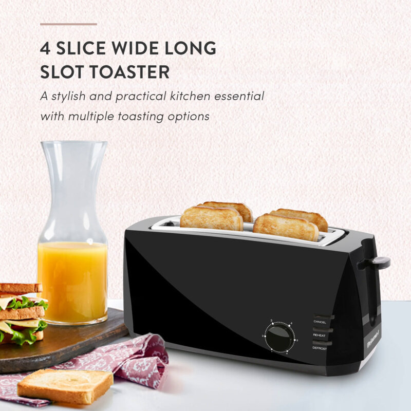 Elite Gourmet ECT4829BX New 4 Slice Long Slot Cool Touch Toaster, Black