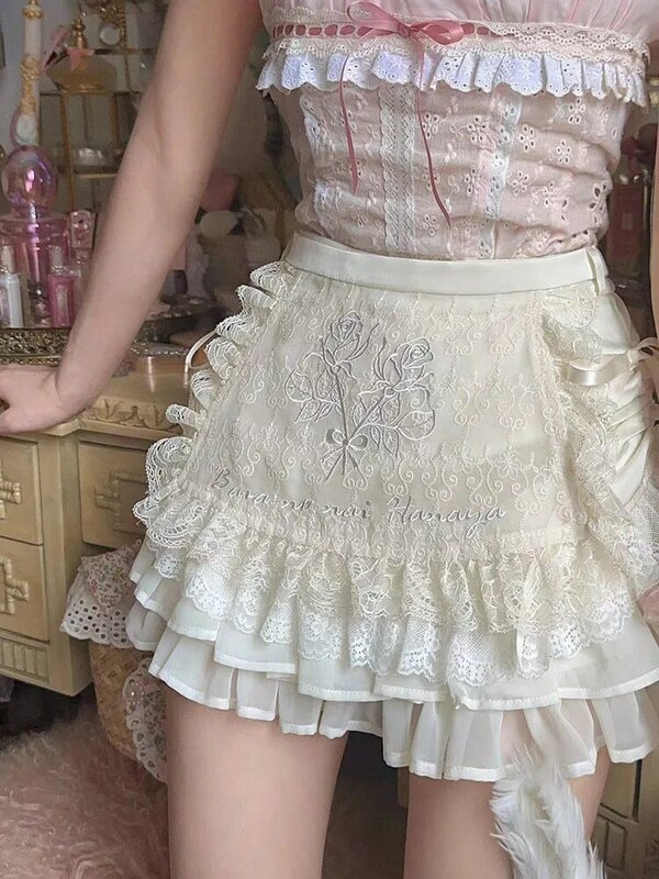 Японская Милая Мини-юбка в стиле "Лолита" с цветочной вышивкой, Милая Кружевная Лоскутная трапециевидная юбка Y2k в стиле Харадзюку с высокой талией для девушек