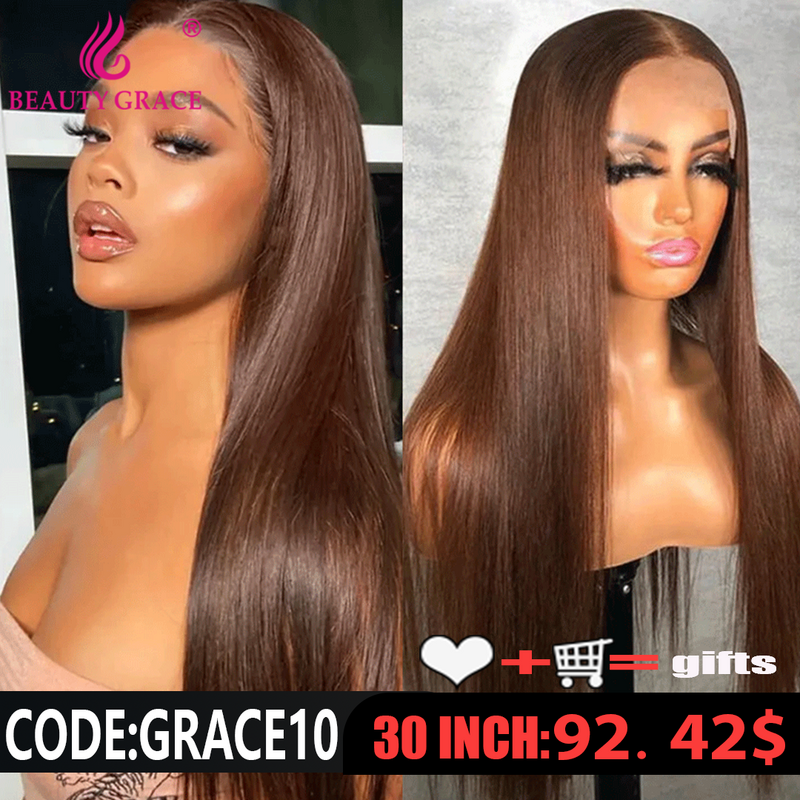 Beauty Grace-Peluca de cabello humano liso marrón oscuro, 13x4, encaje frontal, marrón Chocolate, hueso, venta Flash