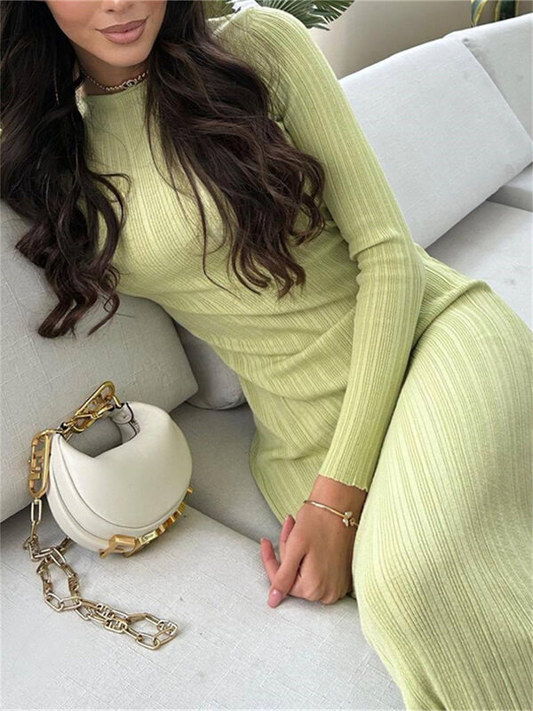 wsevypo Fall Casual Knit Ribbed Bodycon Long Dress Simple Style Solid Color Long Sleeve O Neck Wrapped Pencil Dress Street Party