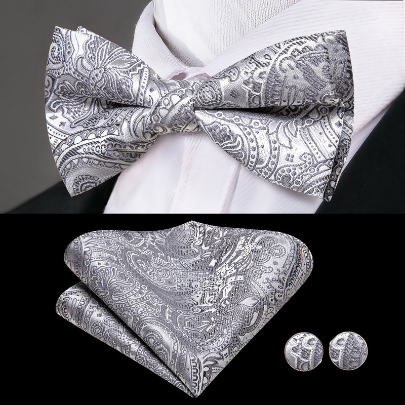 Hi-Tie Luxury Designer Paisley Silver Cummerbund Bow tie Set Formal Tuxedo Corset Elastic Belt for Men Wedding Cummerbunds
