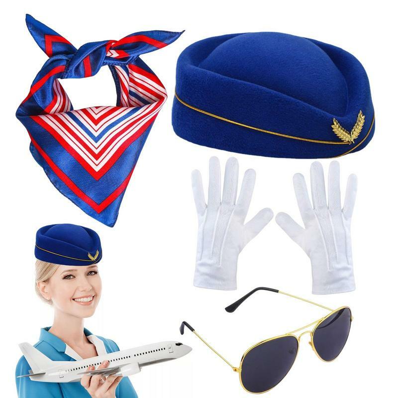 Traje de aeromoça para mulheres, aeromoça, chapéu, luvas, lenço de cetim, óculos escuros, cosplay, acessórios do traje