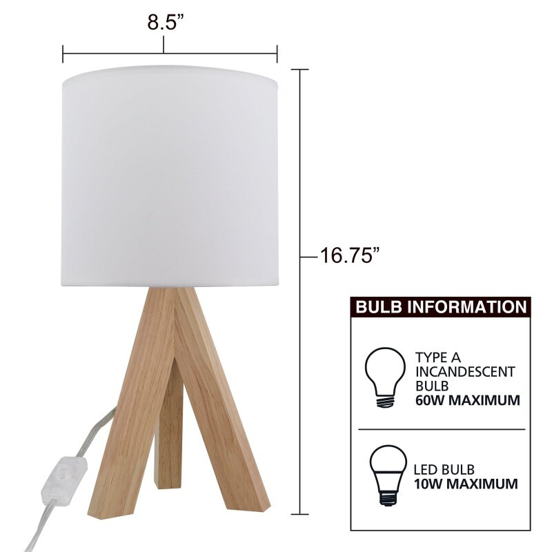 Hauptstützen Stativ Eiche Tisch lampe mit klassischem weißen Stoffs chirm, 16.75 "h, LED-Lampe enthalten