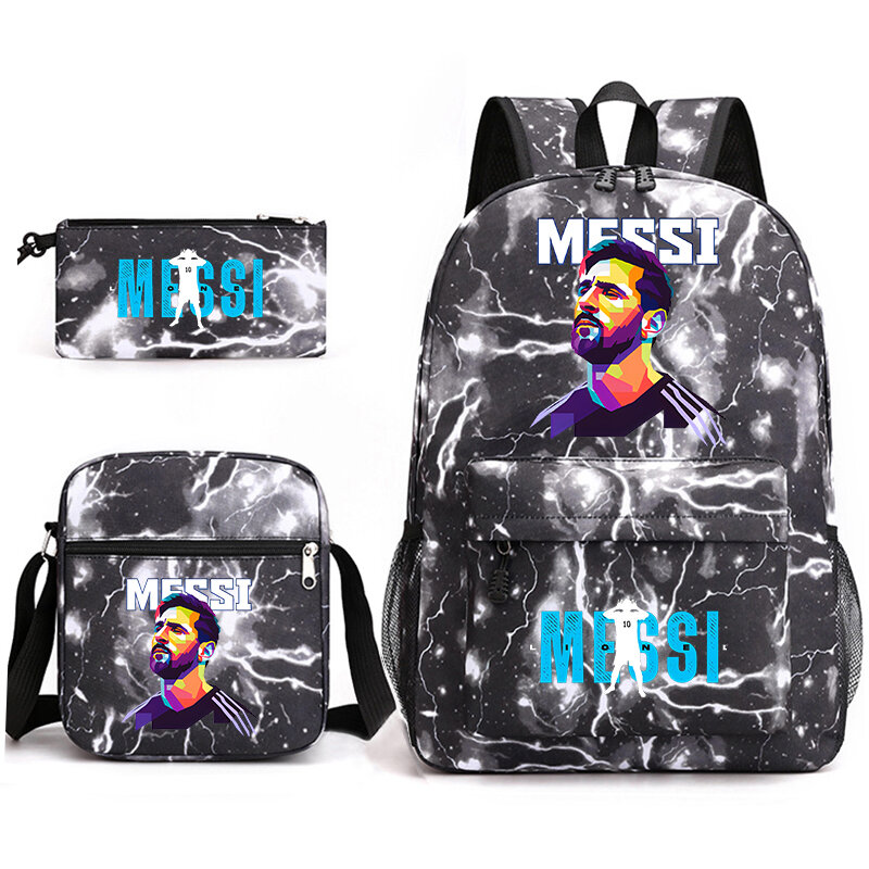 Messi-Bolso escolar con estampado para estudiantes, conjunto de bolso de hombro, mochila juvenil informal, adecuado para niños y niñas, 3 piezas