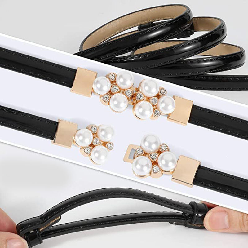 Cinturón de cuero PU con hebilla de perlas para mujer, cinturón elástico fino, de marca de lujo