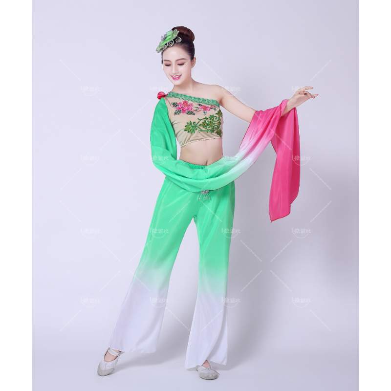 Girl's water-sleeved dance costume one-shoulder long-sleeved traditional Chinese style folk dance Women performing dance costume