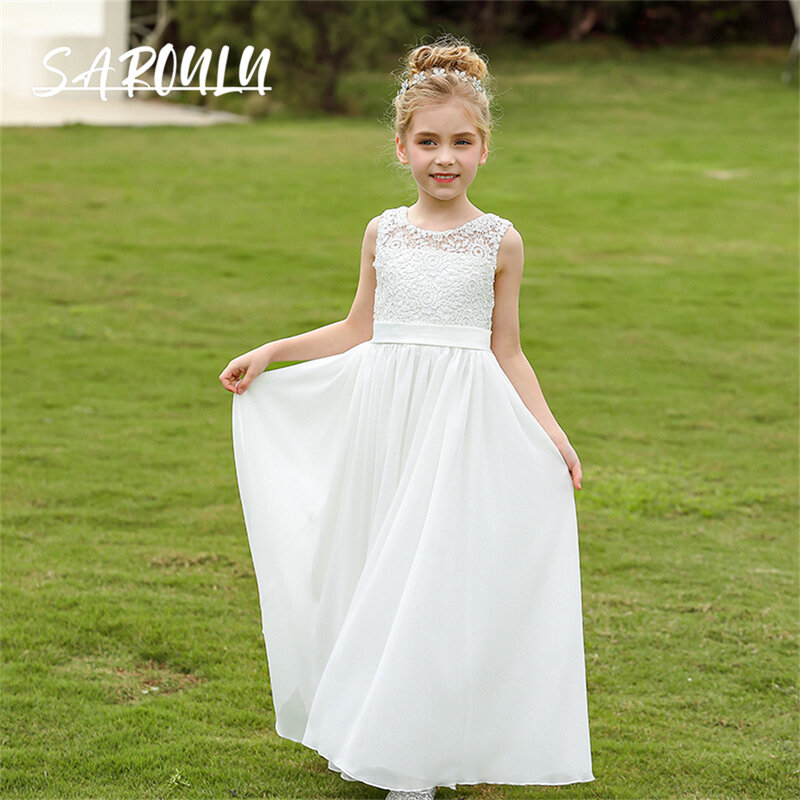 Lace O Neck Chiffon Flower Girl Dress Tank Sleeve A Line Children Formal Dresses Maxi Prom Dresses For Child