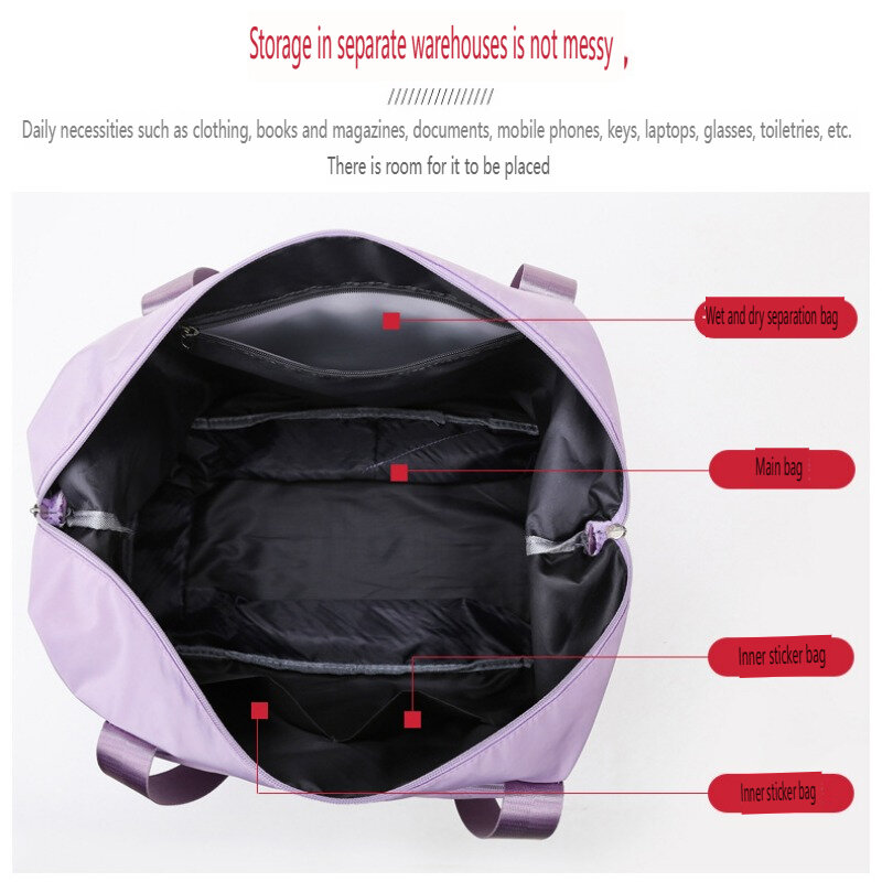 Large capacity short distance travel bag with dry and wet separation, fitness bag, swimming bag, hand luggage bag, foldable