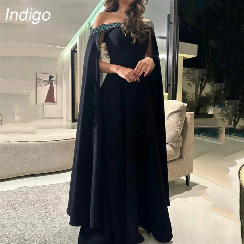 Indigo-vestido de fiesta de satén con hombros descubiertos para mujer, traje de noche elegante con cuentas, longitud hasta el suelo, 2024