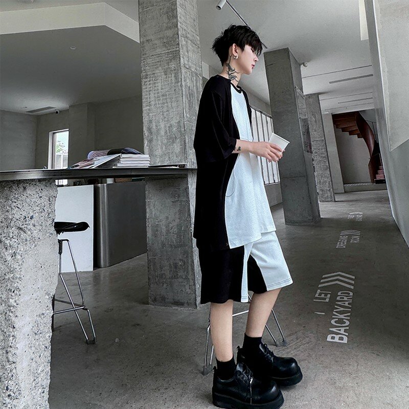 Костюм мужской летний в стиле пэчворк, футболка с подкладкой на плечо и шорты, дизайнерский комплект в стиле хип-хоп, черно-белый