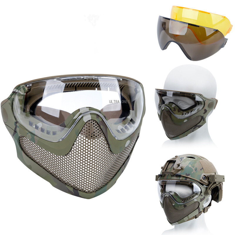 タクティカル柄ボール保護マスク,3レンズ,耐衝撃性,屋外ハンティング撮影用