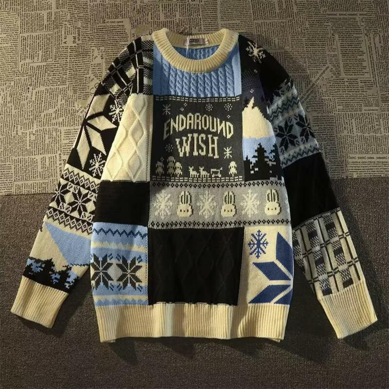 Lightweight Long Sleeve Sweater Retro Snowflake Print Knitwear Loose Pullover Sweater for Men Autumn Winter Fashion with Long