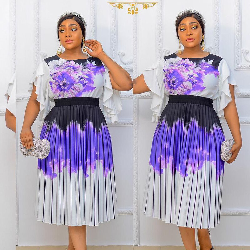 Plus Size Dresses for Women African Print Chiffon Robe Party Clothing Summer Short Sleeve Printing Polyester Dress African