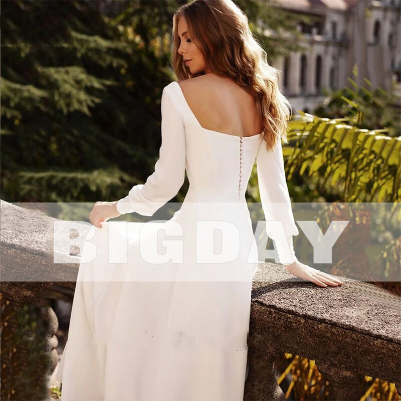 Elegant A-Line Wedding Dresses Women Square Collar Long Sleeve Open Back Satin Simple  Bridal Gown Sweep Train Vestidos De Noiva
