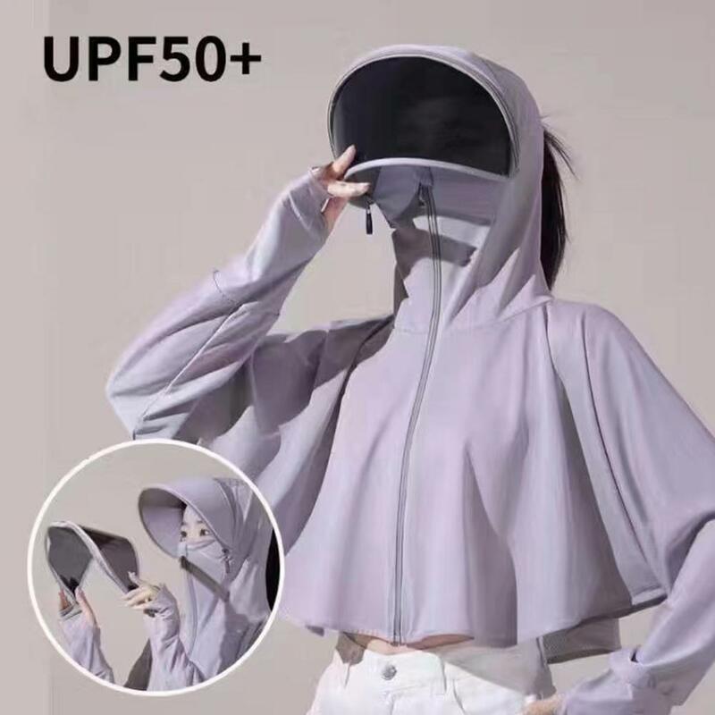 Summer UPF50 + Women Sunscreen Hoodie Long-sleeved Solid Color And Thin Jacket Breathable UV Protection Shirt Ice Silk Clothing