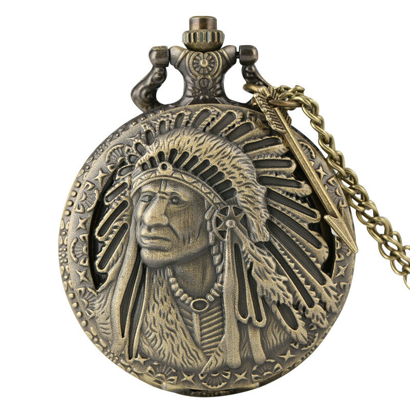 Antique Retro Indian People Quartz Pocket Watch Chain Bronze Watches for Men Women with Pendant Arrow Accessory Gift Clock