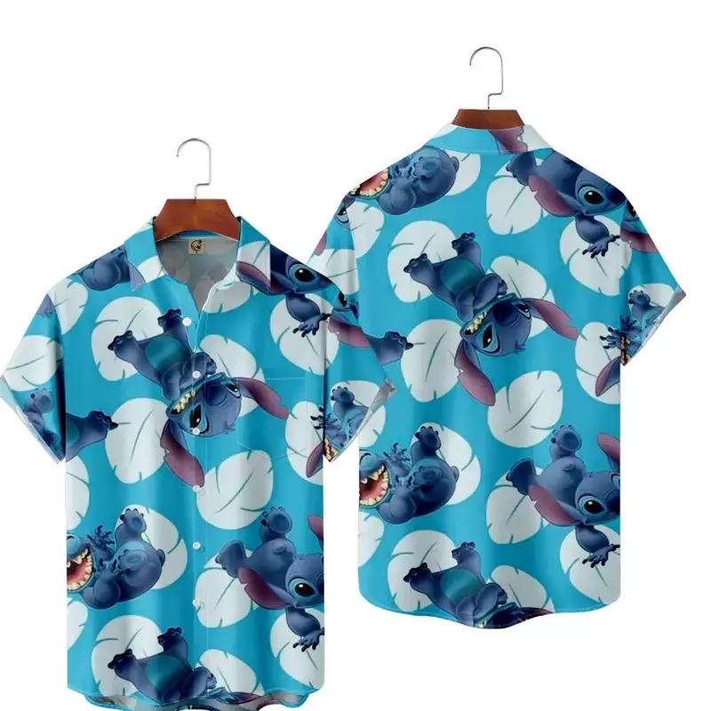 Camisas hawaianas de manga corta con botones para hombre, camisas hawaianas de Disney, camisas de vacaciones, Tops de playa informales, Stitch, Verano