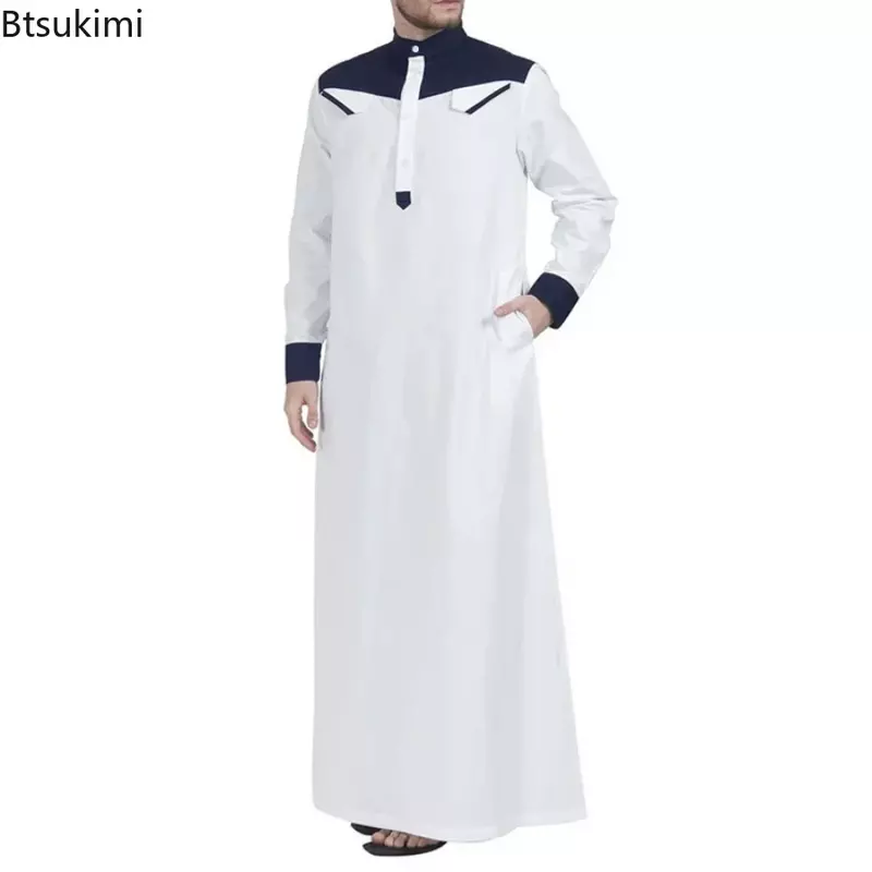 2024 Muslim Fashion Mandarin Neck Thobe for Men Comfortbale Long Sleeve Contrast Color Muslim Clothing Saudi Arabia Abaya Herren