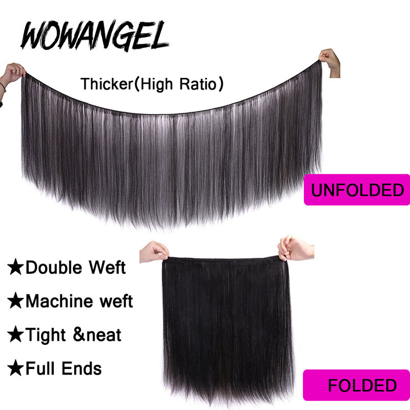 Wowangel-Extensão de cabelo humano reta brasileira para mulheres, frontal com pacotes, fechamento de renda 5x5 HD, peles de derretimento, 13x6 HD