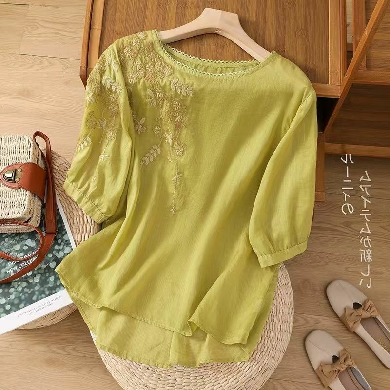 Top bordado flor com decote em o feminino, camisa elegante de verão, workwear manga 3/4, algodão solto casual, estilo feminino, L360, 2024