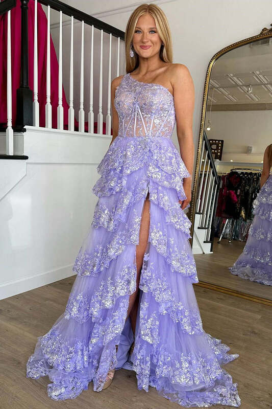 2024 neue sexy A-Linie Prinzessin Tüll ein Schulter rock geteiltes Kleid geschichtete Spitze transparent langes Ballkleid