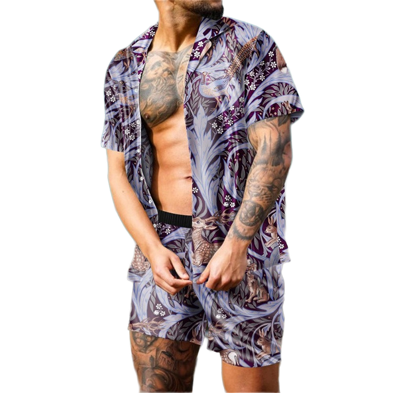Conjunto de camisa de praia casual masculina, impresso digital 3D, Europa e Estados Unidos, tendência da moda verão, nova