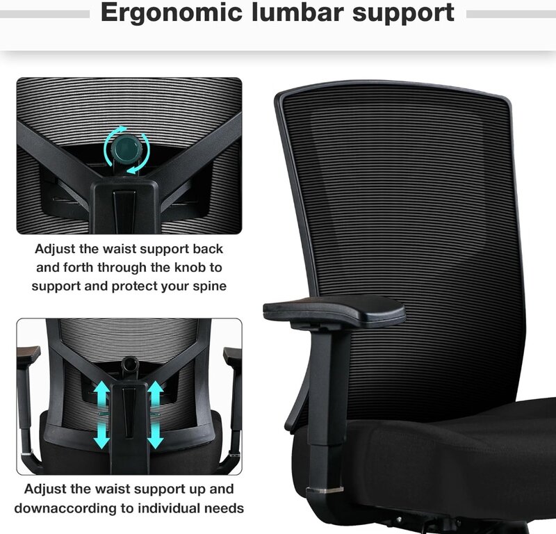 무겁고 키가 큰 사무실 의자, 인체 공학적 하이백 컴퓨터 책상 의자, 2D 조절식 허리 지지대, 450lbs