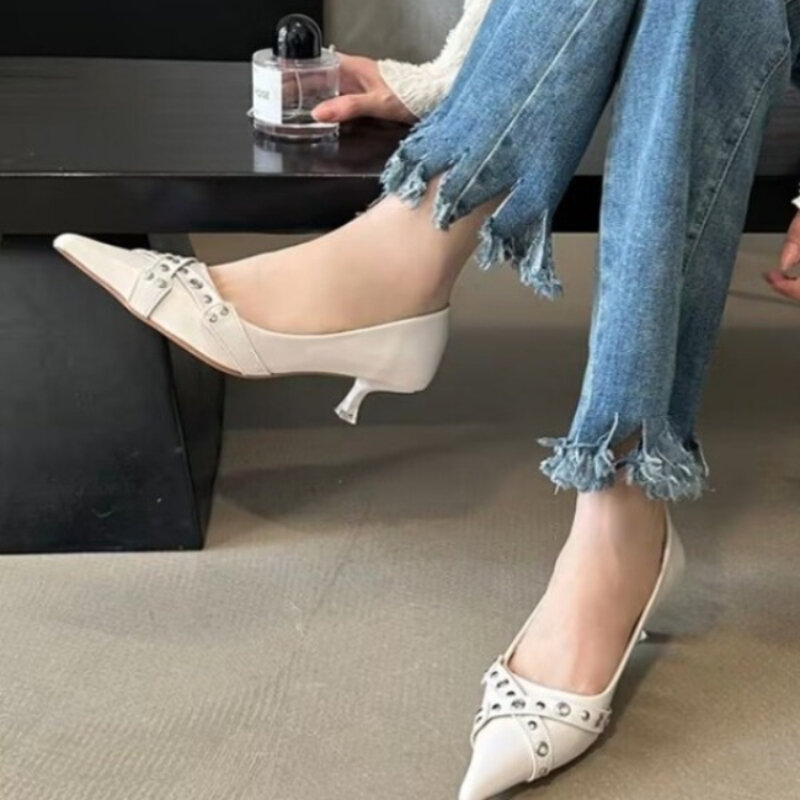 Leather Heels for Woman Chic Pointed Toe Heeled 2024 Autumn Women Belt Buckle Decoration Elegant Heels Office Female Pump Shoes