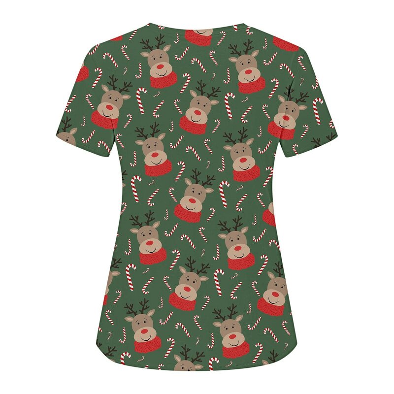 Christmas tree cartoon print Hospital Working Uniforms Nurse Women V Neck Tops Pocket Ladies Medical Healthcare Holiday T Shirt